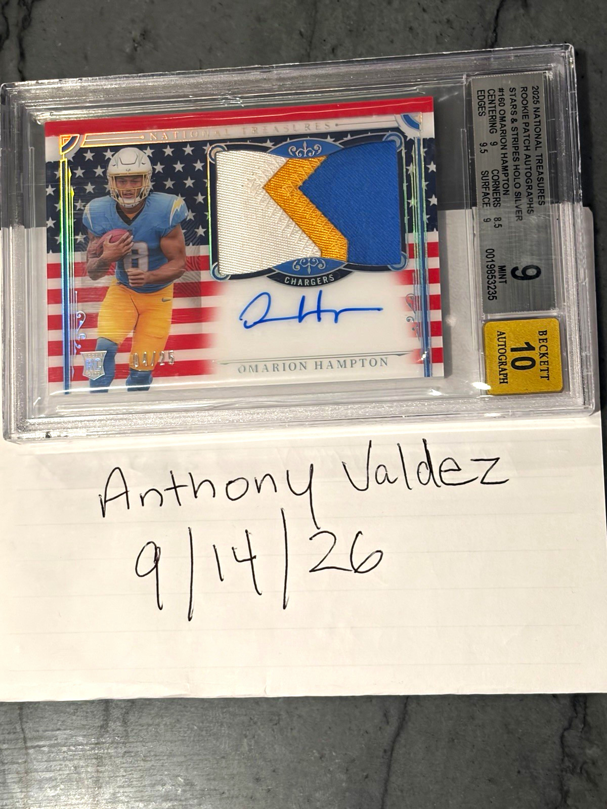 Panini 2025 National Treasures Omarion Hampton #160 RPA Holo Silver BGS 9