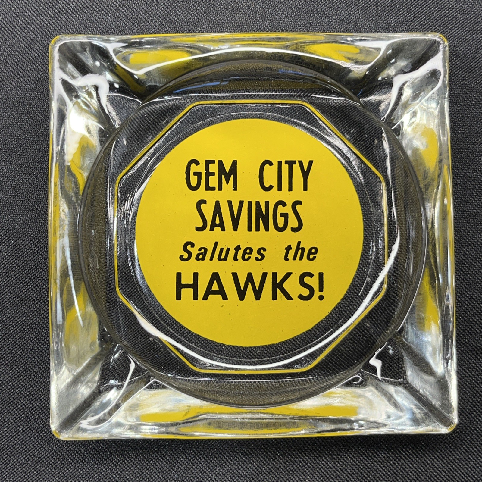 Vintage QUINCY Illinois Gem City Savings Salutes the Hawks Advertising Ashtray 