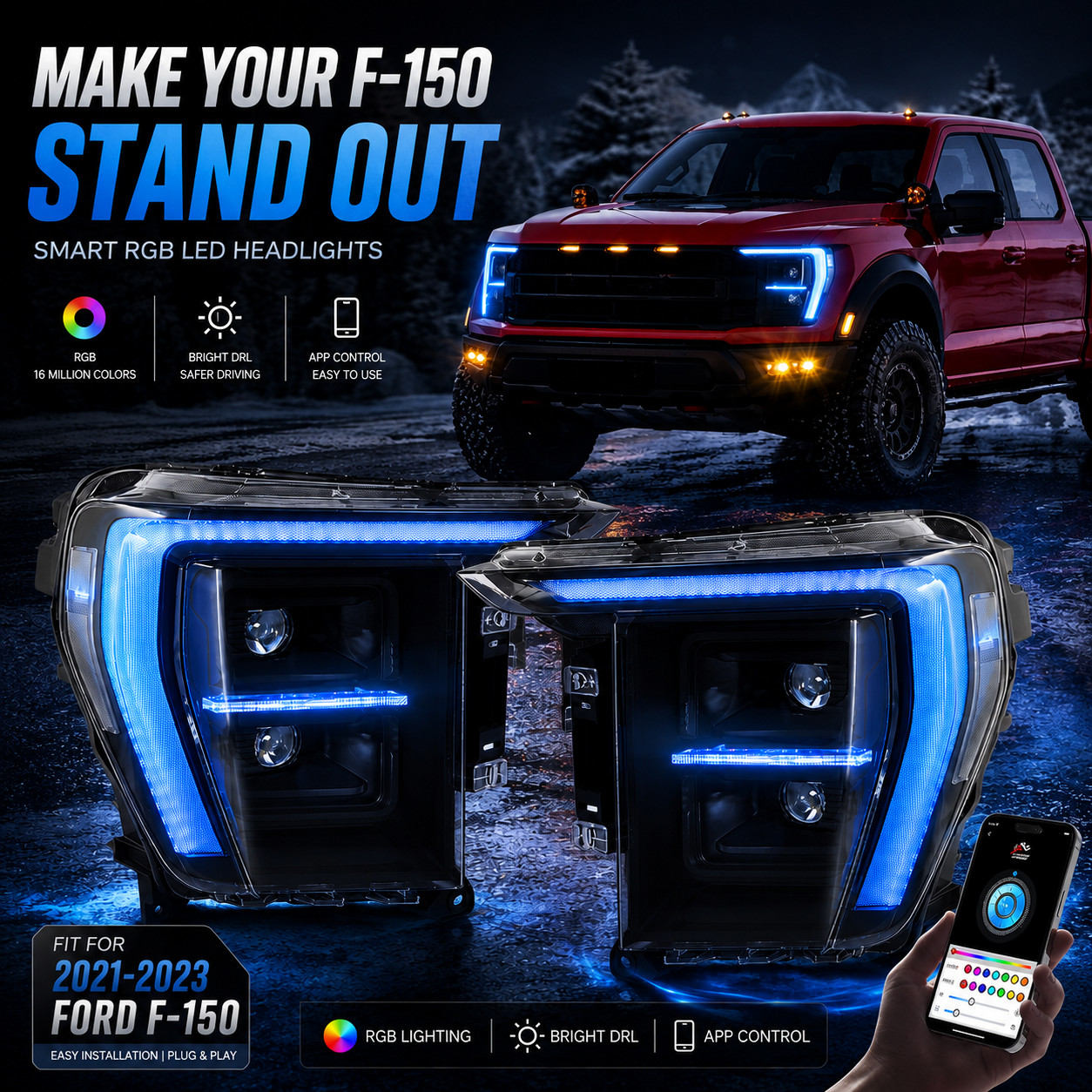 RGB Full LED Projector Head Lights For Ford F150 2021-2023 Front Lamps Xenon Ver