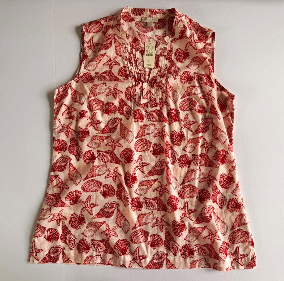 Talbots Women’s Pink/Red Seashell V-Neck Sleeveless Pleated Tank Top PXS