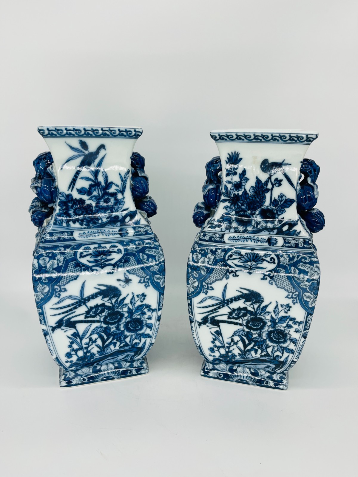 Large Pair Vintage United Wilson 1897 JUWC Blue & White Asian Porcelain Vases Large Pair Vintage United Wilson 1897 JUWC Blue & White Asian Porcelain Vases