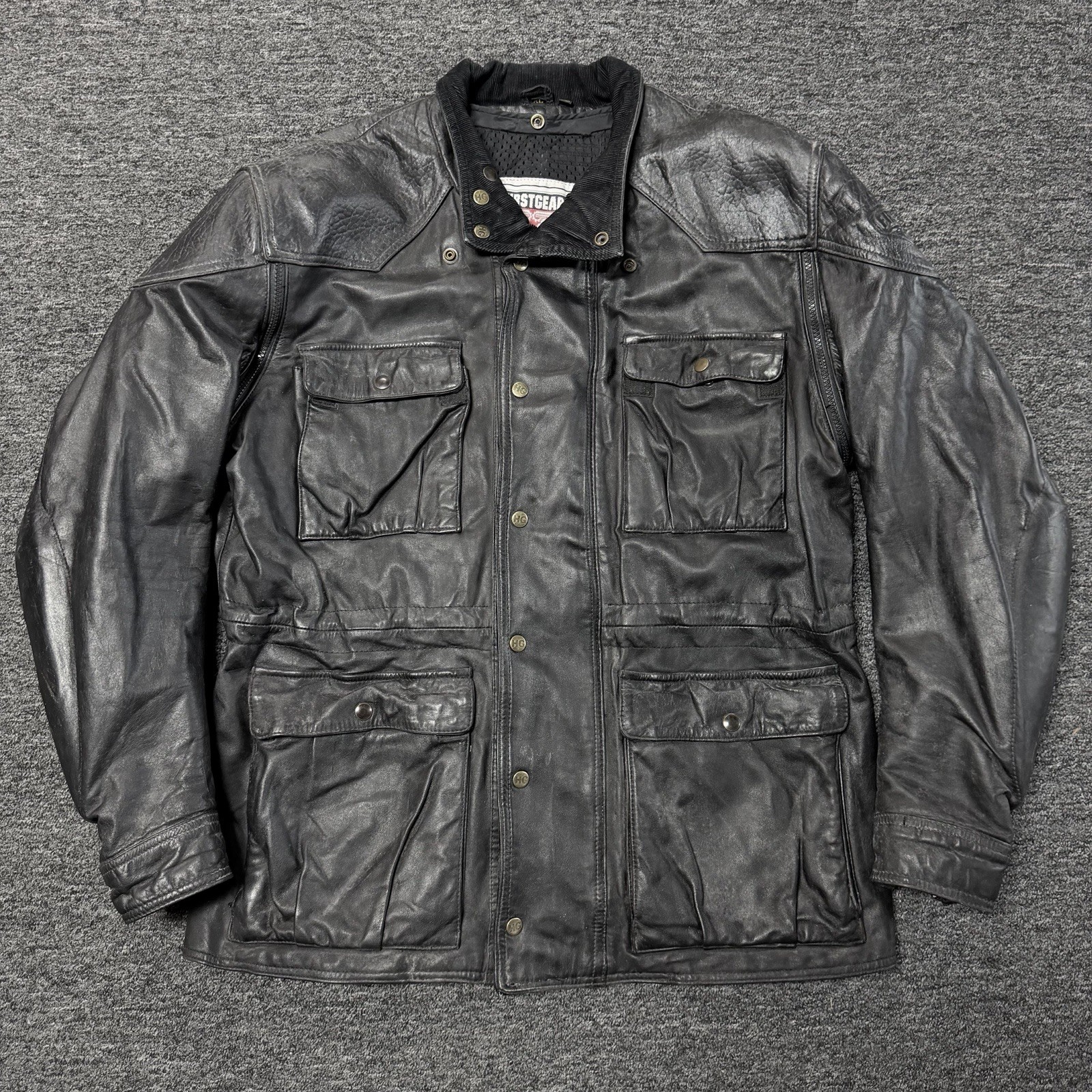 First Gear Hein Gericke Black Leather Motorcycle Jacket With Shoulder Pads Sz XL