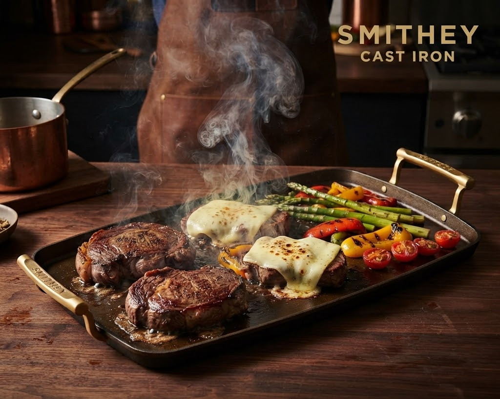 Smithey Seasoned Cast Iron Double Burner Griddle Reversible Stovetop Cookware