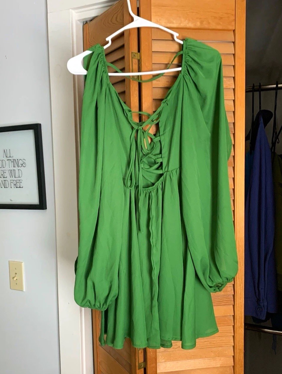 Green mini dress sz S sheer chiffon lace-up tie back v neck  balloon long sleeve