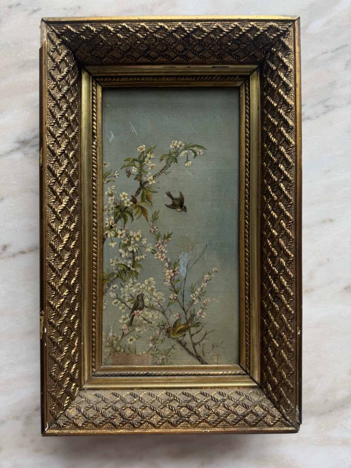 Antique C 1891 Oil Painting Spring Birds Signed Framed