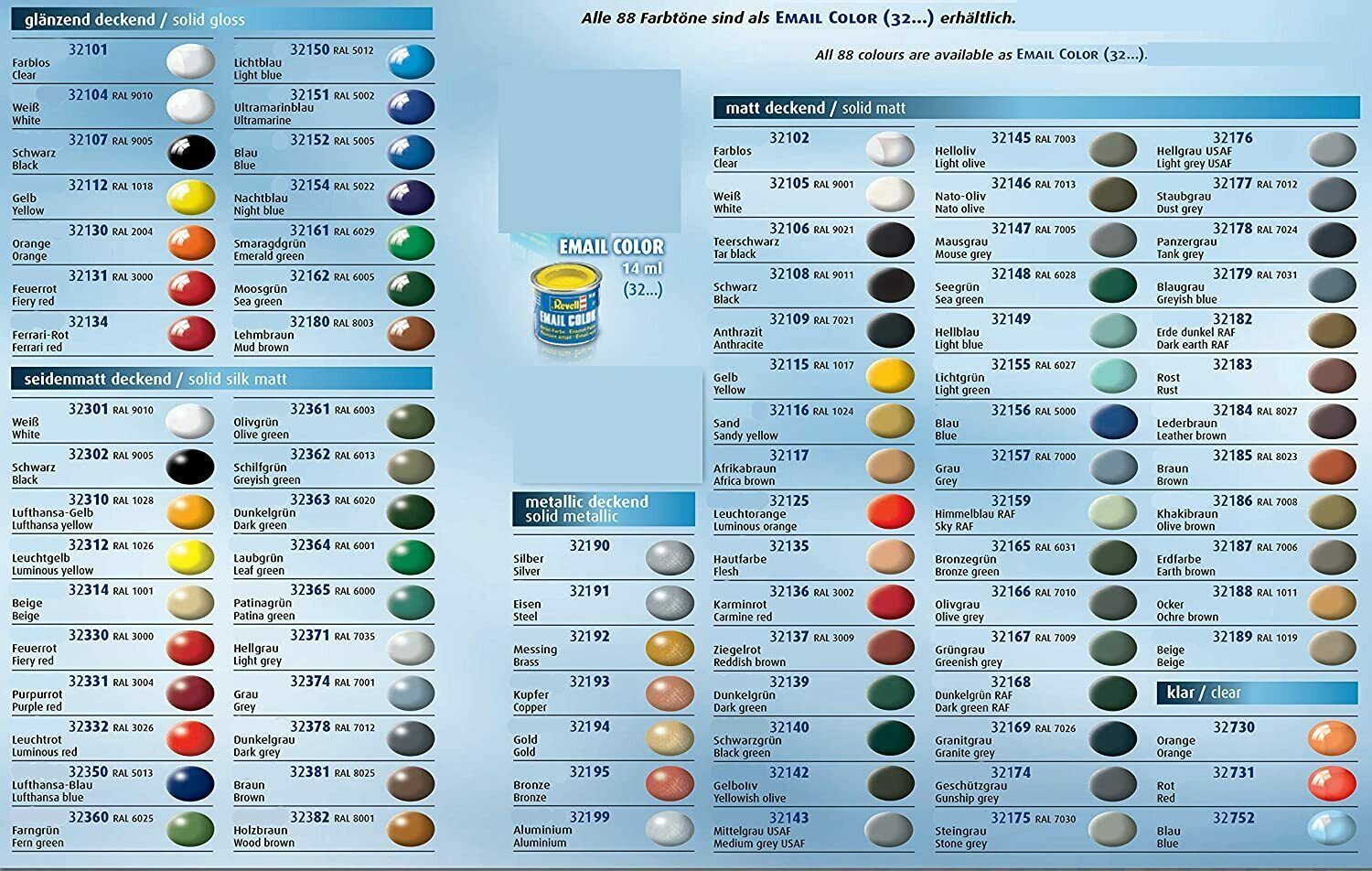 Revell Email (Enamel) Paint Color 14ml Gloss, Matt, Silk, Metallic, Clear NEW Revell Email (Enamel) Paint Color 14ml Gloss, Matt, Silk, Metallic, Clear NEW