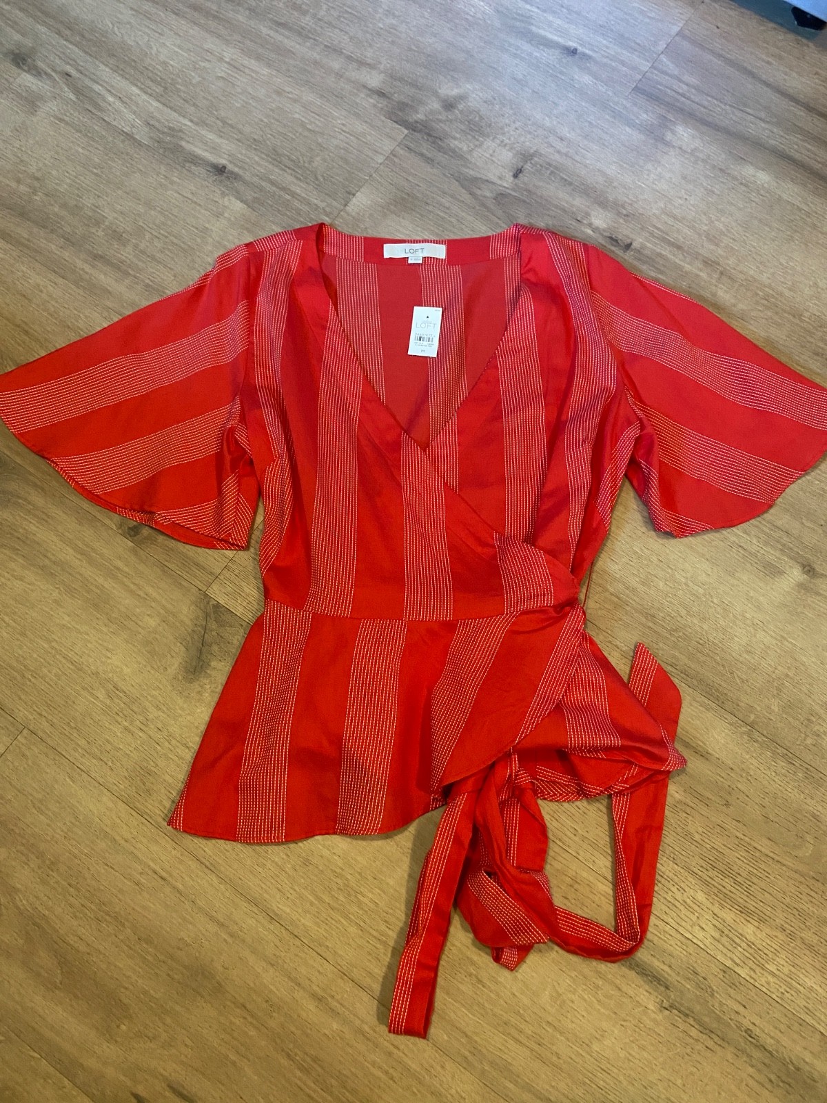 LOFT Peplum Top Womans M Red Dobby Stripe Wrap Flutter Sleeves NWT Cottagecore