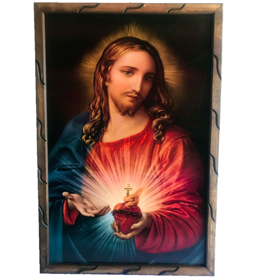 Sagrado Corazon de Jesus Imagen Cuadro Rustico 36”x24” , New