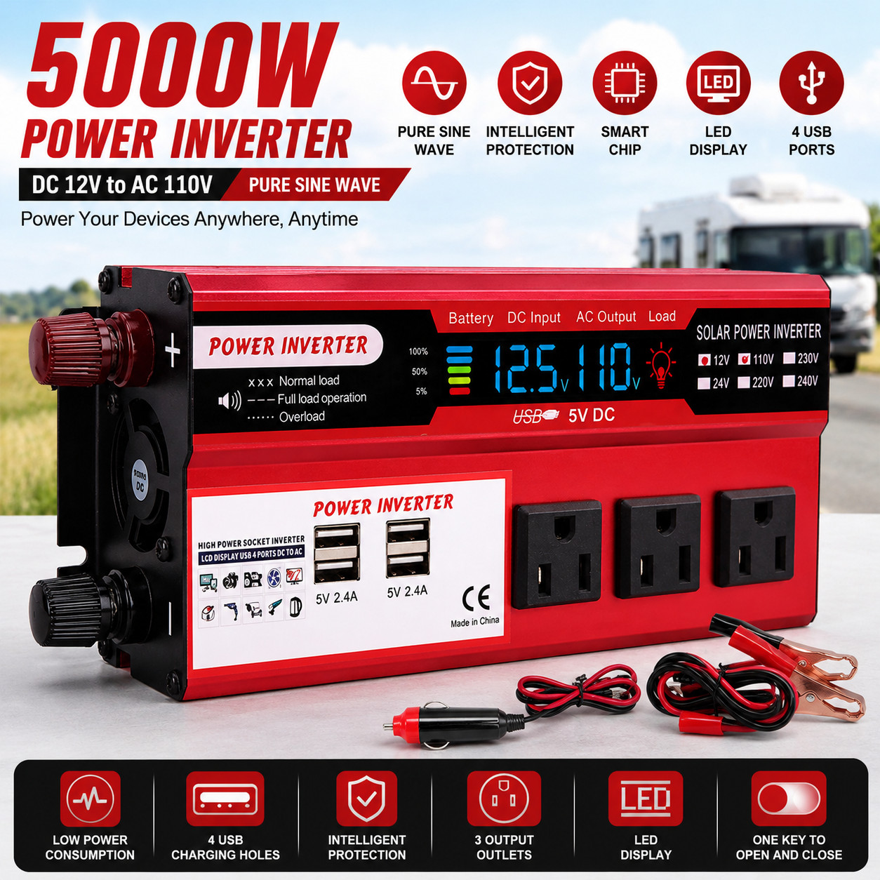 Car Power Inverter 5000W DC 12V To AC 110V Pure Sine Wave Solar Converter 4 USB