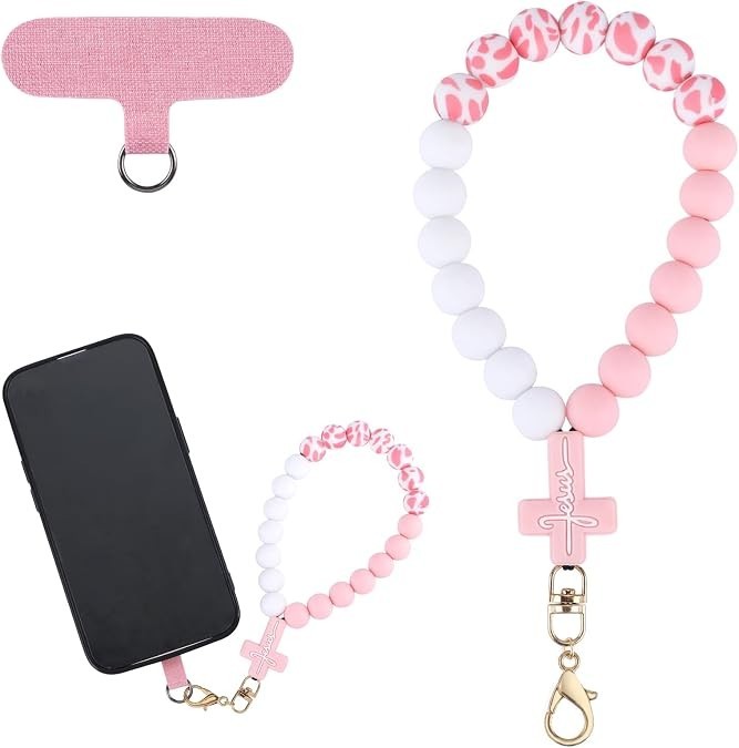  Silicone Beaded Phone Wrist Strap with Cross, Cellphone Lanyard wit....