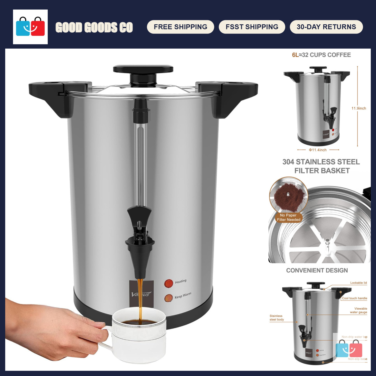 32-Cup Stainless Steel Electric Coffee Urn - 6L Commercial Coffee Maker