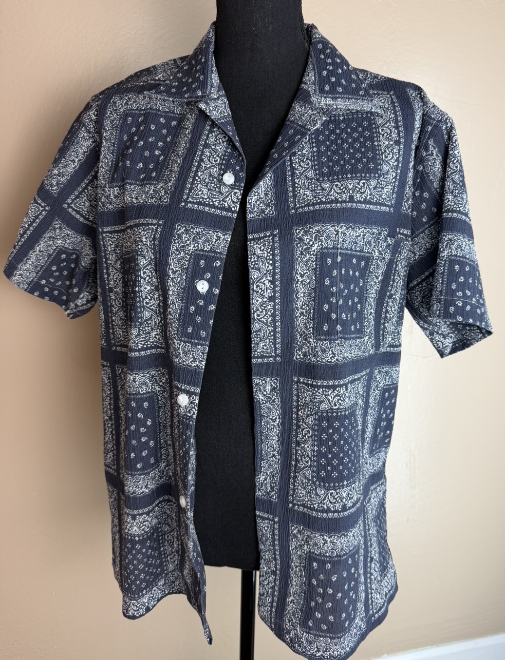 Non Stock MFG Indigo Bandana Print Collar Shirt Patchwork Paisley Mens Sz M⁠