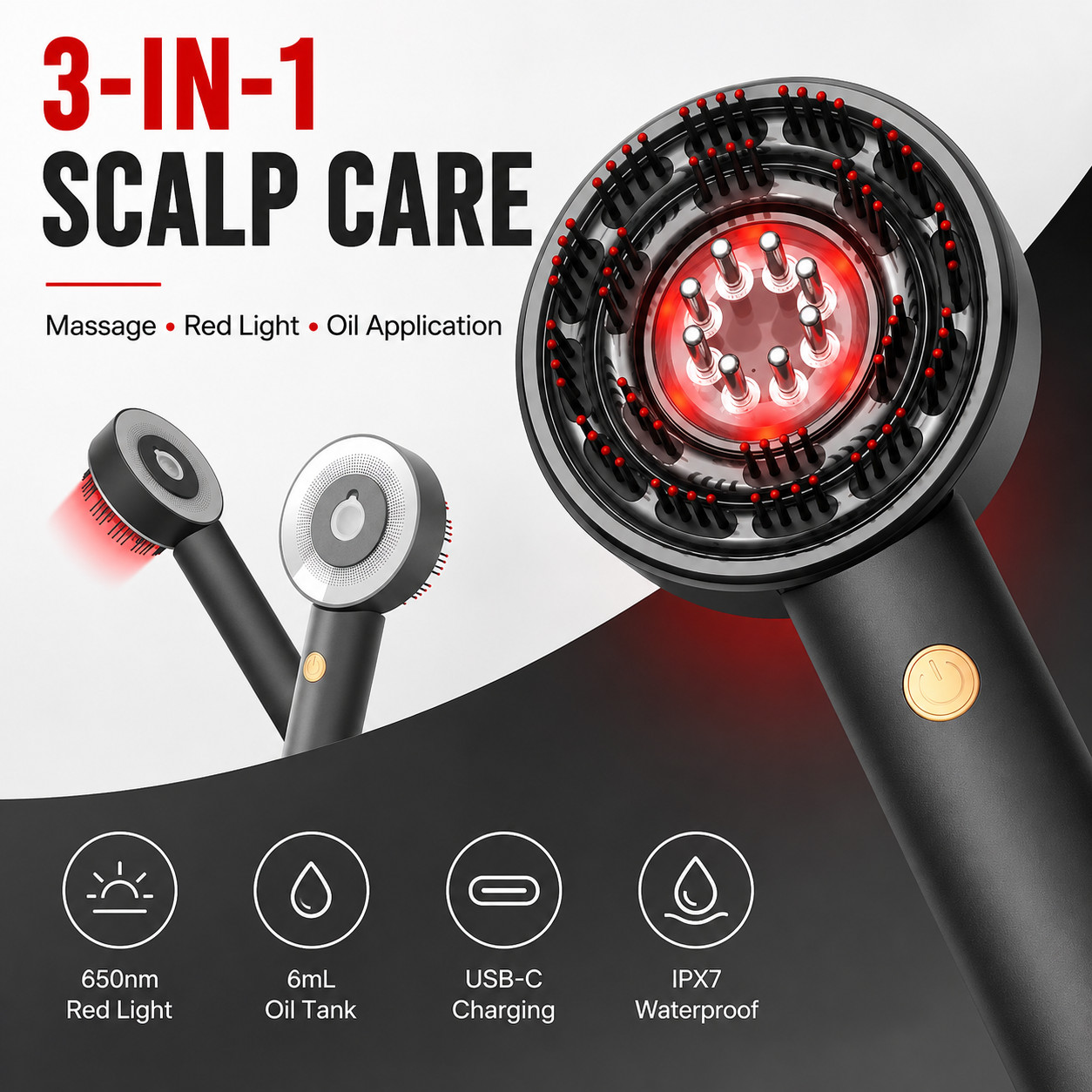 3-in-1 Hair Scalp Massager 650nm Red Light Oil Applicator USB-C IPX7