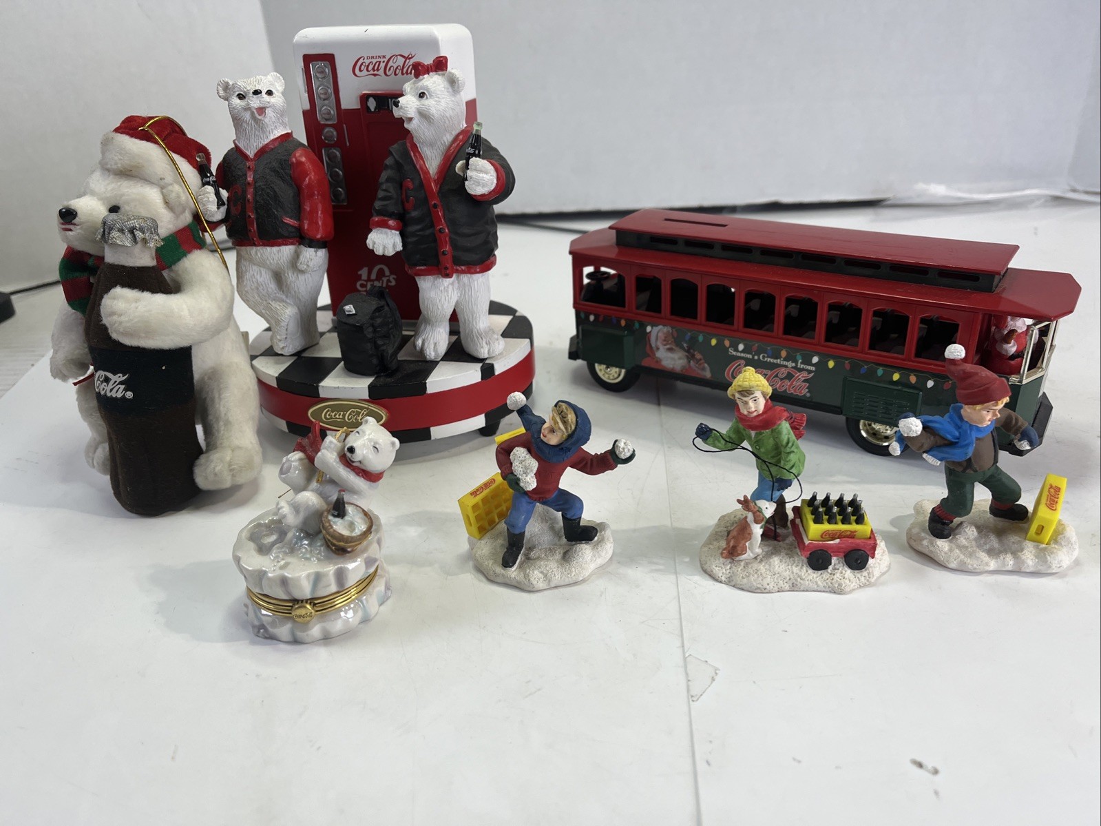 Vintage Coca-Cola Lot Polar Bear Music Box, St A & Trolley, Trinket, Figs DD Vintage Coca-Cola Lot Polar Bear Music Box, St A & Trolley, Trinket, Figs DD
