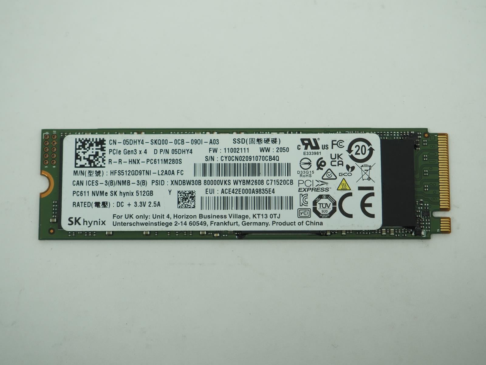 SK HYNIX 512GB NVMe M.2 SSD NVMe Tested, Wiped - HFS512GD9TNI - L2A0A