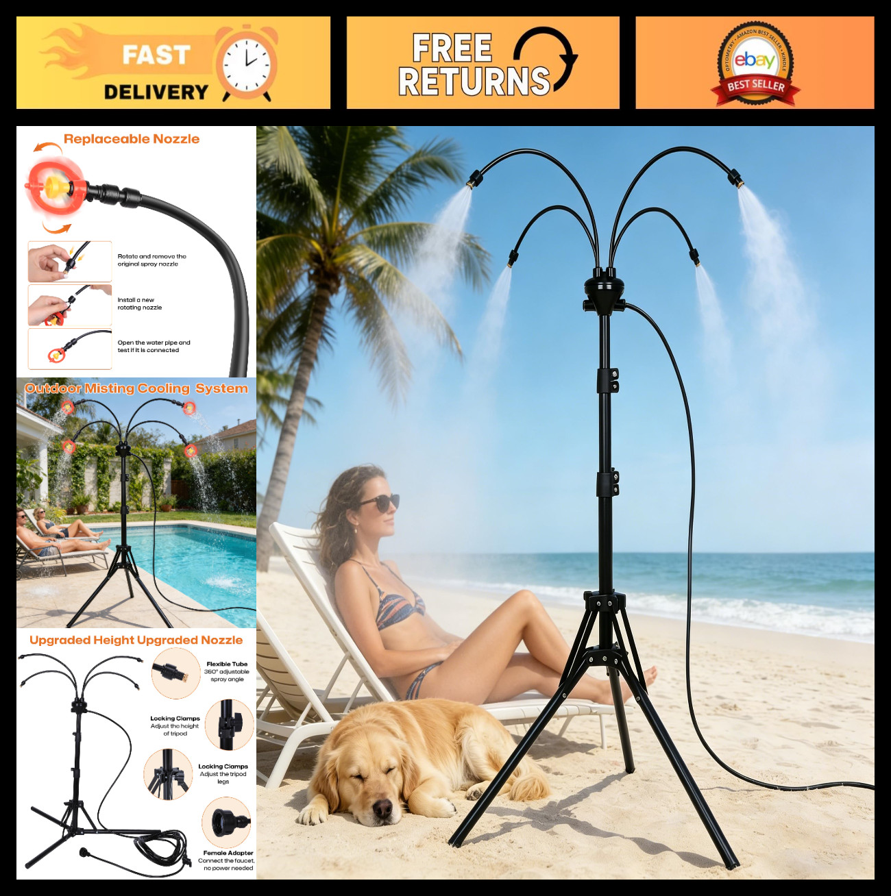Adjustable 5.3 FT Outdoor Patio Misting System, 4 Brass Nozzles & Extra Heads, P