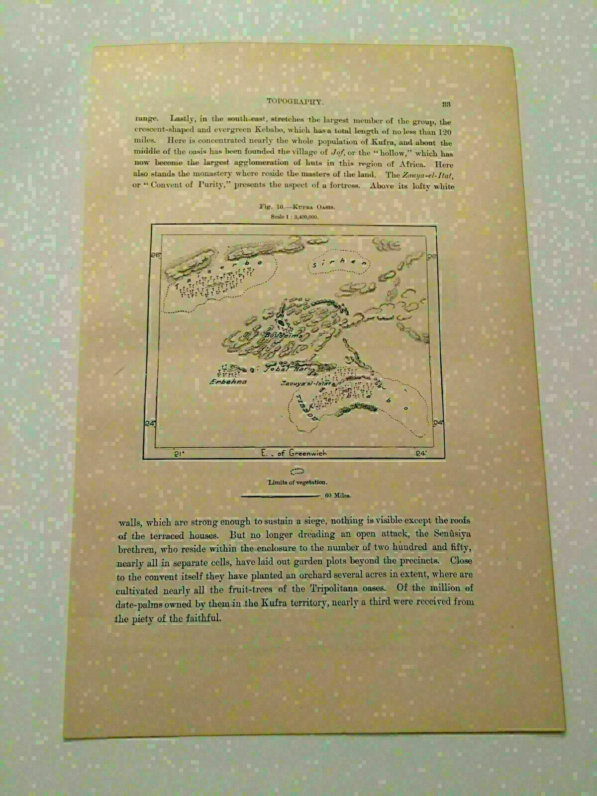 K117) Map of The Kufra Oasis Cyrenaica Libya 1887 Engraving