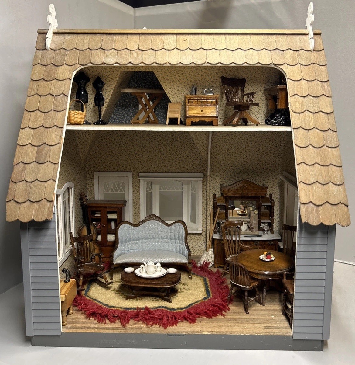 Vintage 1:12 Blue Wooden Two-Story Cottage Style Dollhouse Miniature Furniture Vintage 1:12 Blue Wooden Two-Story Cottage Style Dollhouse Miniature Furniture