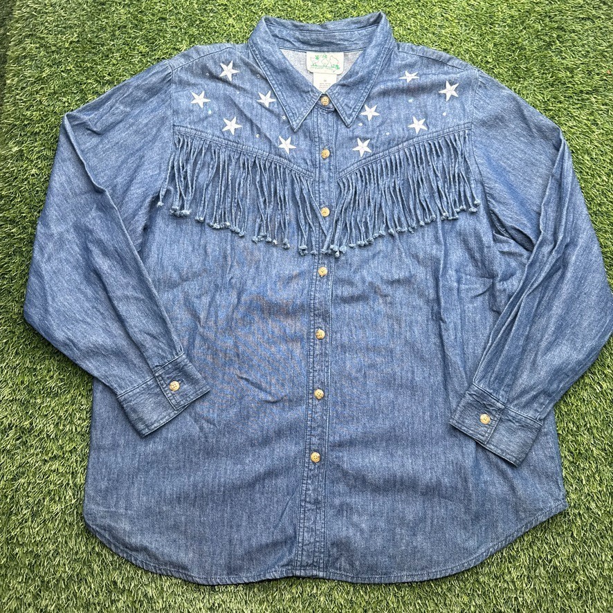 Vintage 90s Quacker Factory Denim Womens 1X Blue Fringe USA Stars Flag