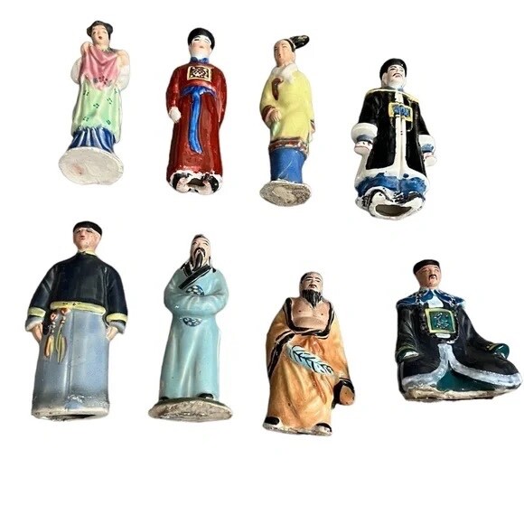 Set of Eight Vintage Hand Painted Japanese Porcelain, Asian Folk Art, Figurines