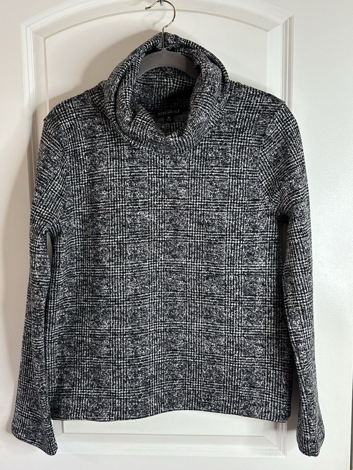 J.Crew Women’s S Black White Herringbone Cowl Neck Fleece Lined Pullover Top