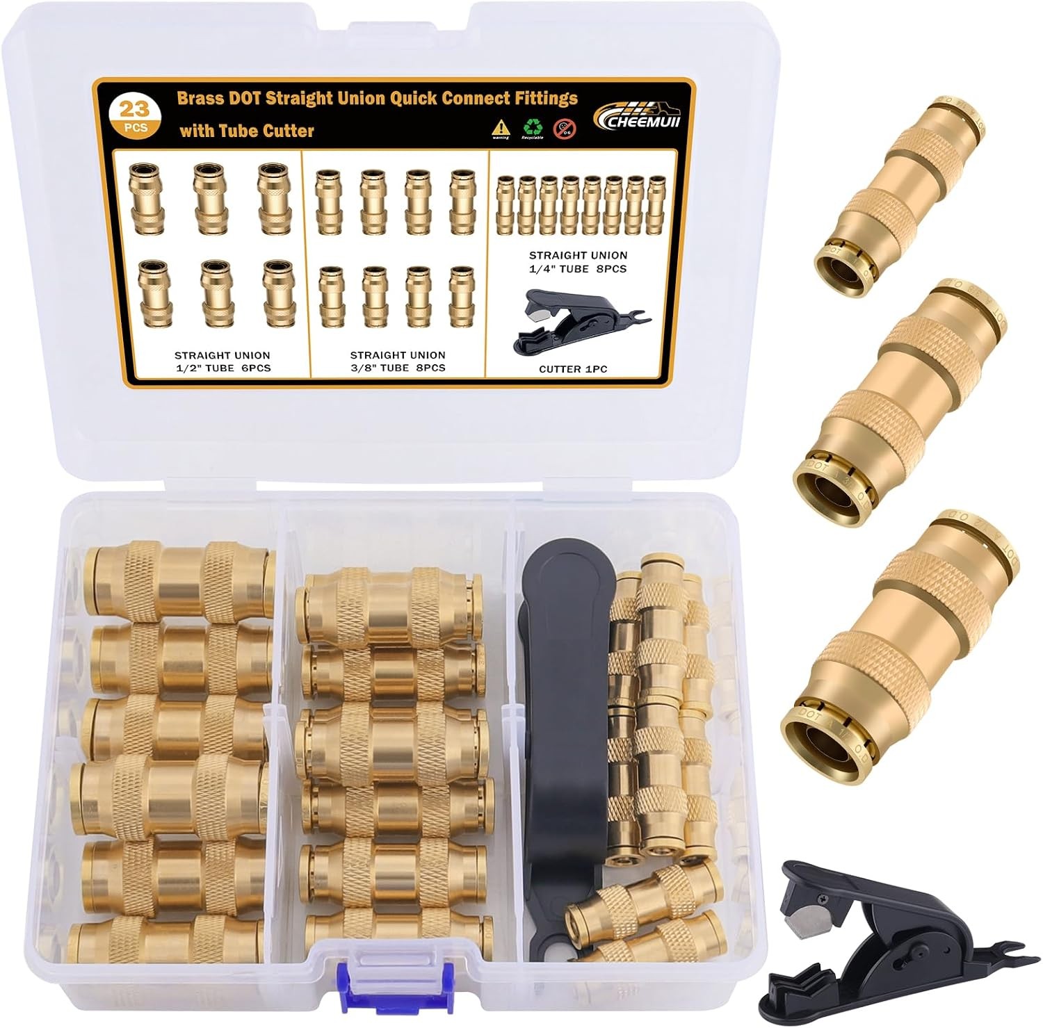 CheeMuii 23 PCS Brass DOT Air Line Fittings Kit 1/4 3/8 1/2 23PCS, Gold 