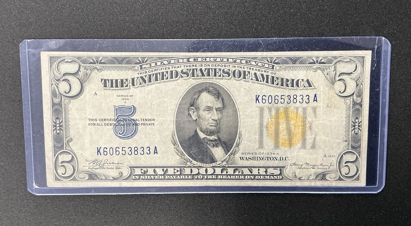 1934A $5 Silver Certificate North Africa Yellow Seal WWII Fr 2307 K-A
