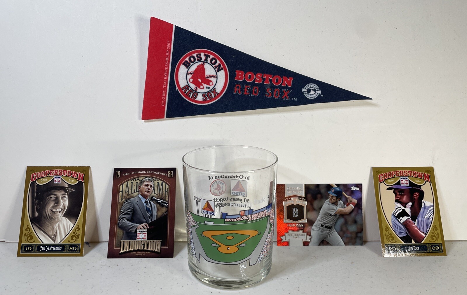 Vintage Boston Red Sox Fenway Park Collectible Glass 1980 W Cards & Pennant