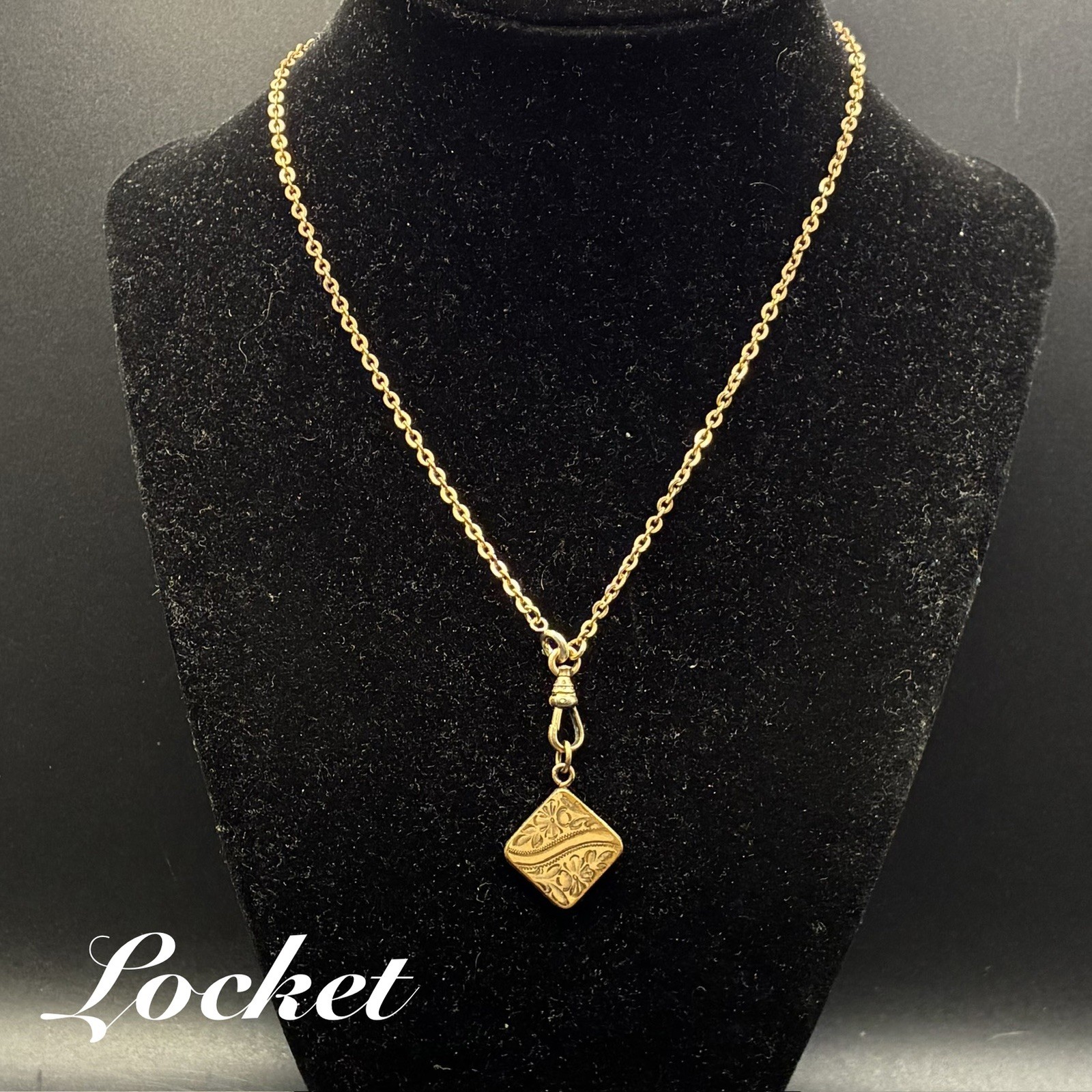 Vintage 12k Gold Filled Pocket Watch Chain FOB Necklace, Dog Clip, Square LOCKET