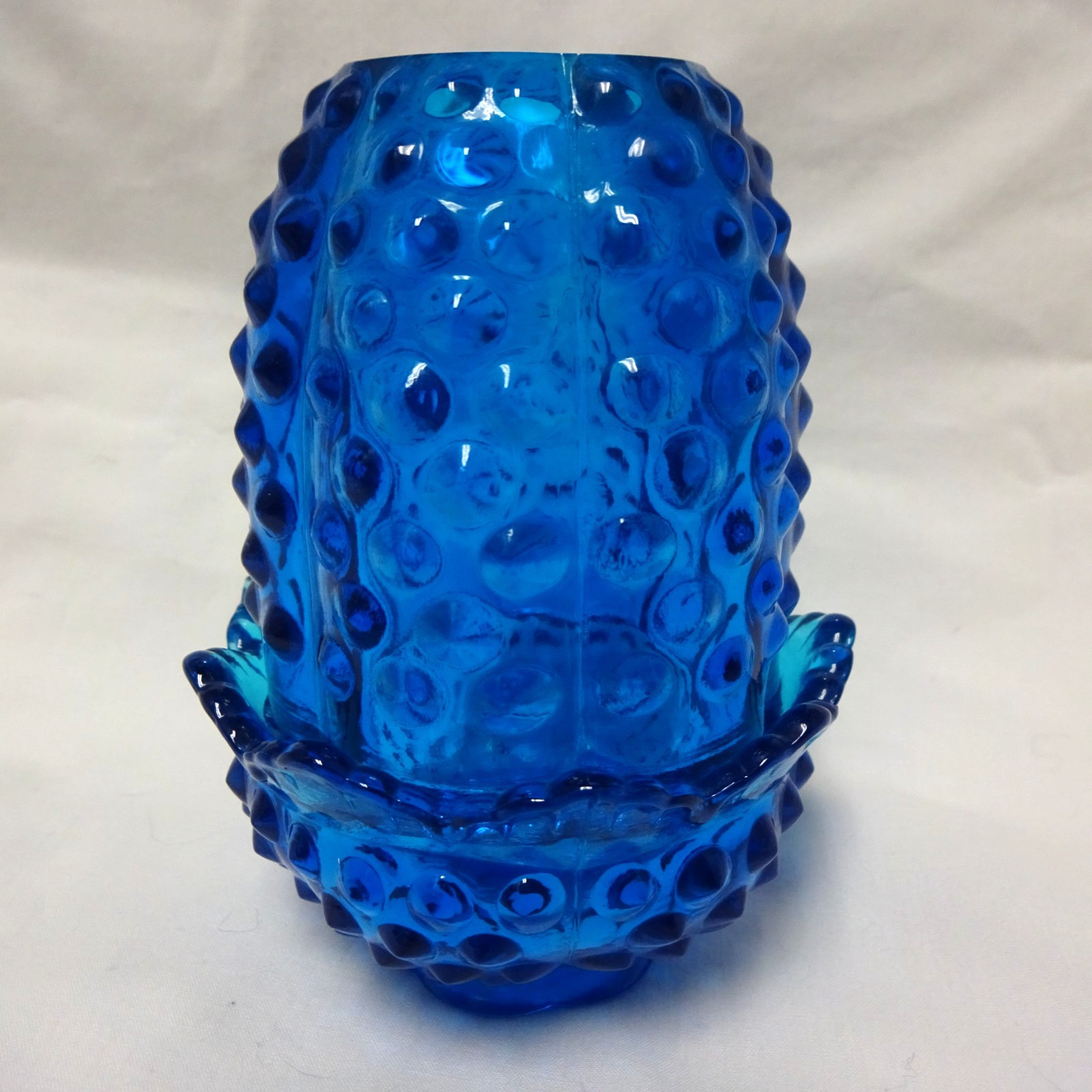 Vintage Fenton Art Glass Blue Hobnail Fairy Lamp Candle Holder 2-Piece