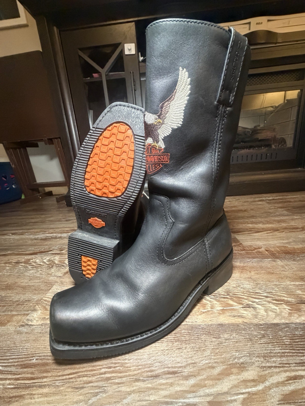 VTG Harley-Davidson Black Leather Eagle Embroidered Motorcycle Boots – Size 10