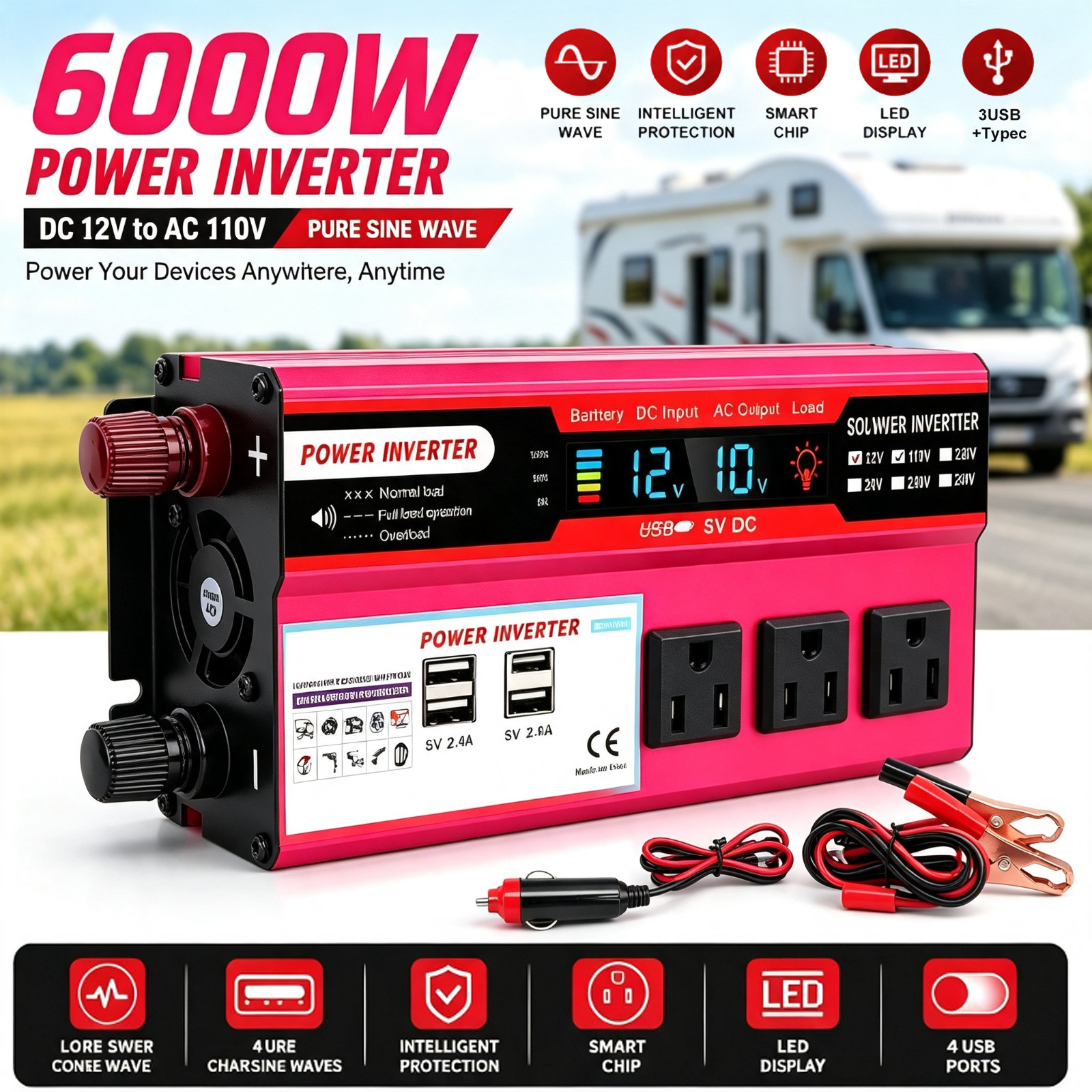6000W Car Power Inverter DC 12V To AC 110V Pure Sine Wave Solar Converter USB 6000W Car Power Inverter DC 12V To AC 110V Pure Sine Wave Solar Converter USB