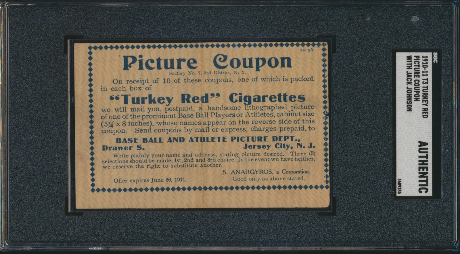 1910 T3 TURKEY RED PICTURE COUPON w/JACK JOHNSON (76) SGC AUTHENTIC RARE POP 4