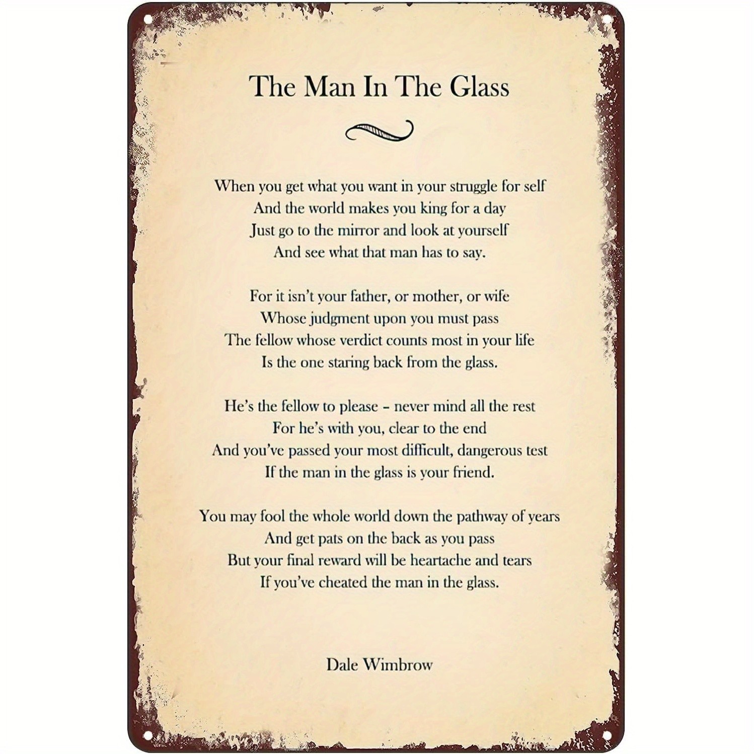 2D Flat Decorative Sign Man In The Glass Poem Vintage Weathered Rustic Old Paper