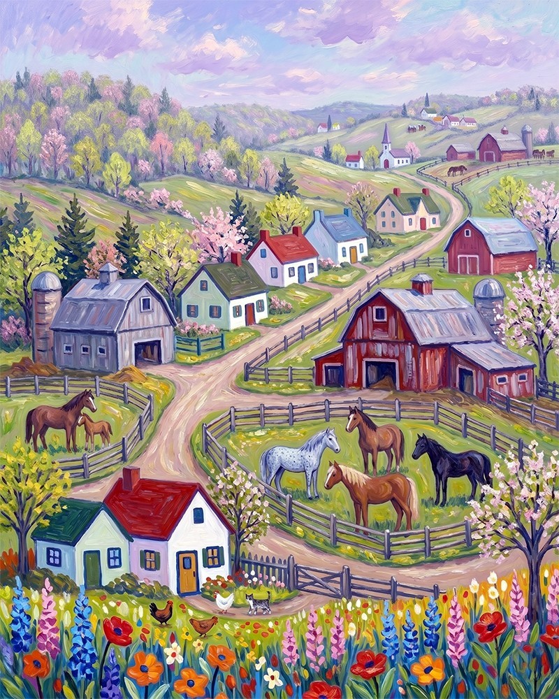 Farm House Art Folk Art Paddock Horses 8x10 art print. 0321 Farm House Art Folk Art Paddock Horses 8x10 art print. 0321