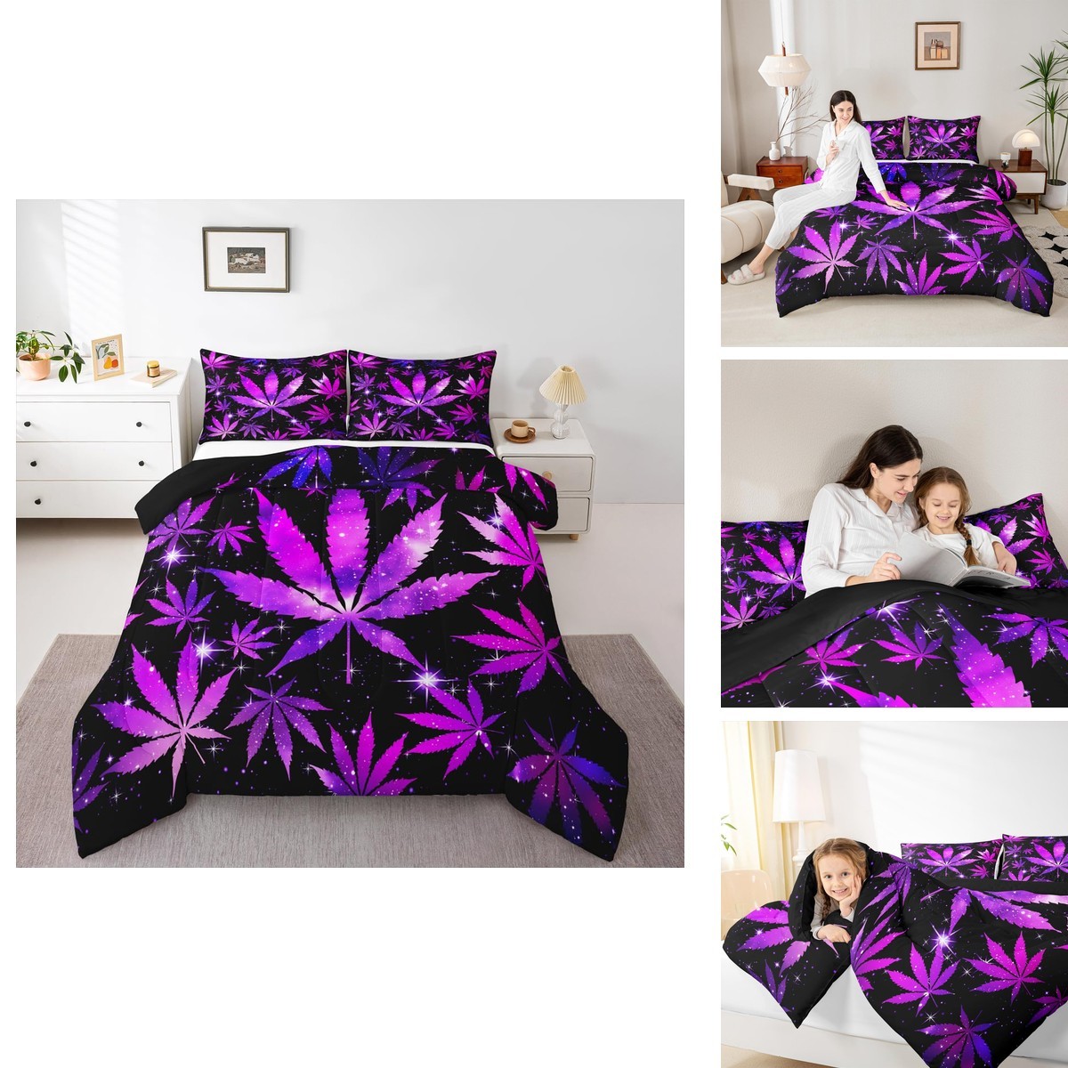 Erosebridal Queen Size Comforter Set Purple Black Hippie Leaf 2 Pillow Cases