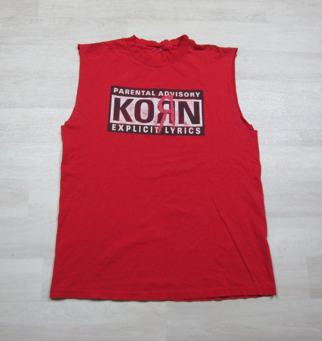 Vintage KORN T Shirt (M) Nu Metal Hard Rock Parental Advisory Red CUT SLEEVES