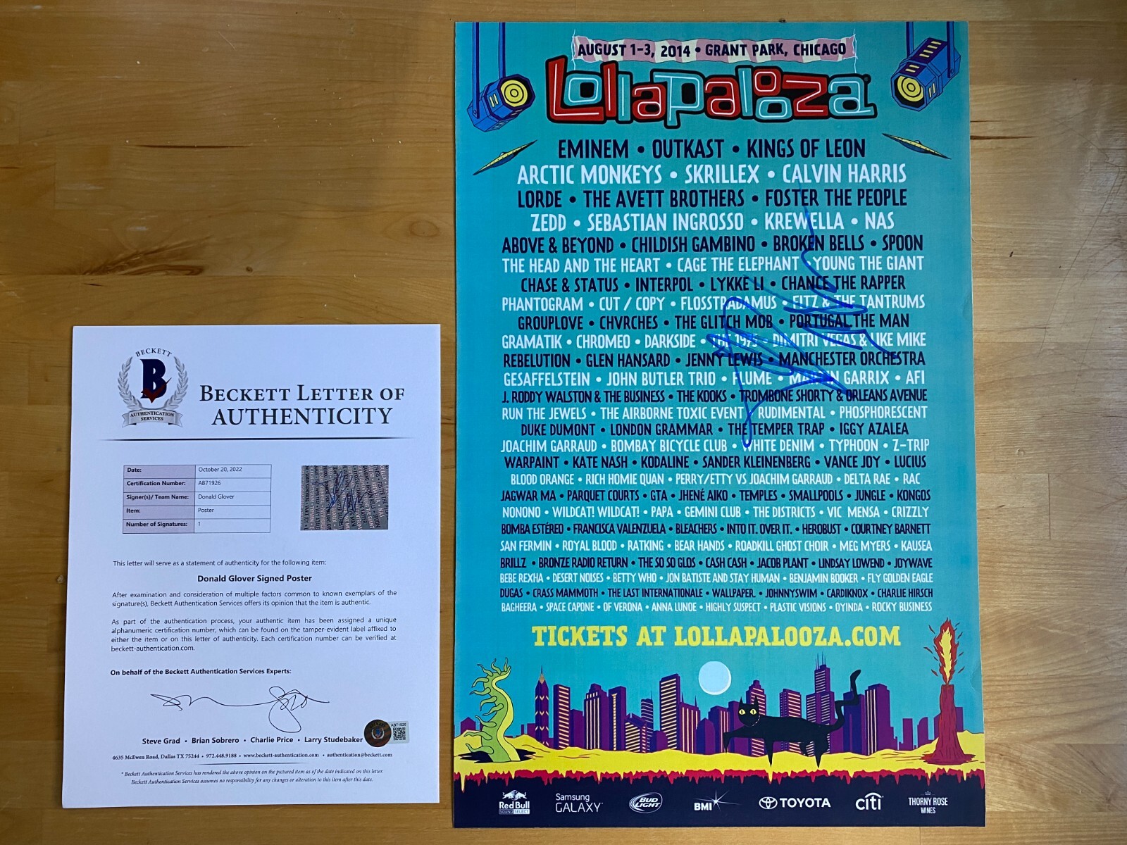 DONALD GLOVER SIGNED CHILDISH GAMBINO 2014 LOLLAPALOOZA POSTER AUTOGRAPH BAS COA