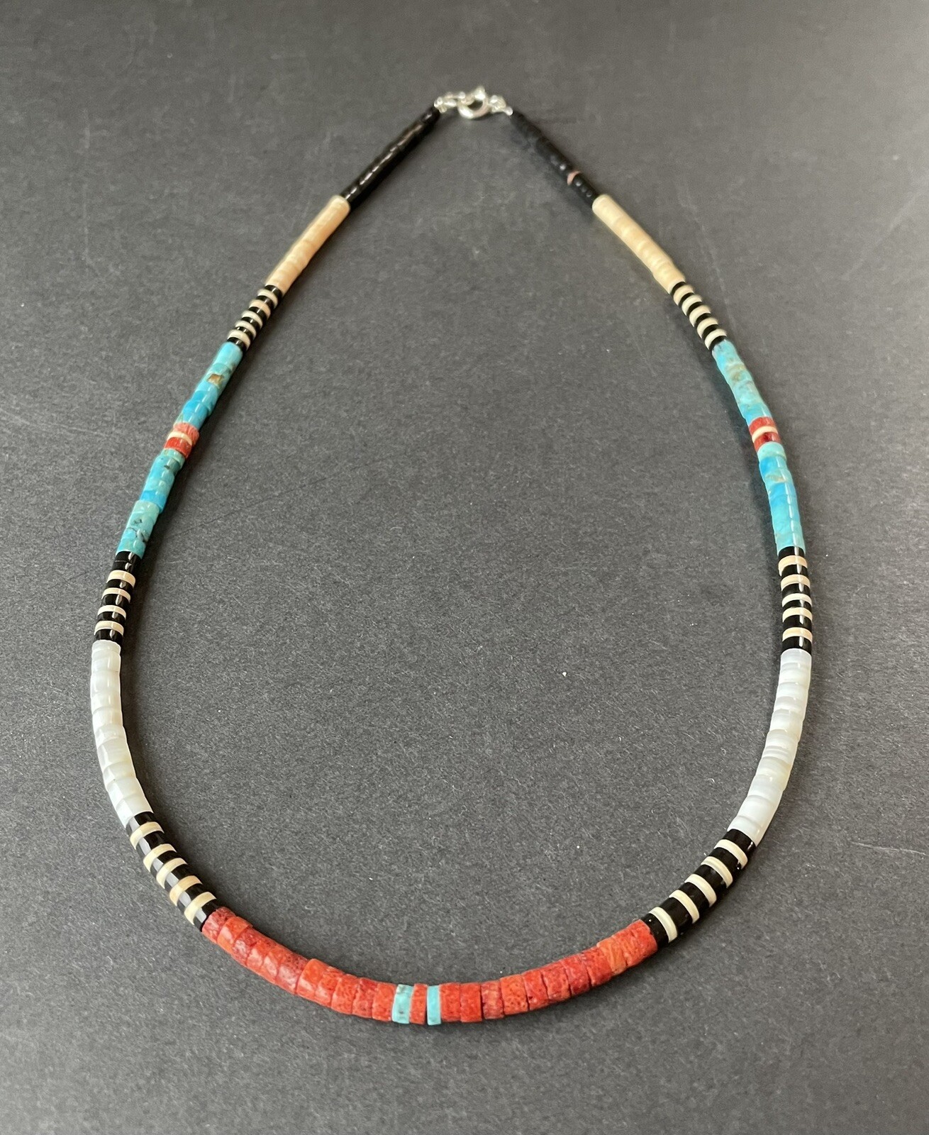 Santo Domingo Turquoise Sterling Heishi Necklace Signed Mary Calabaza 18\