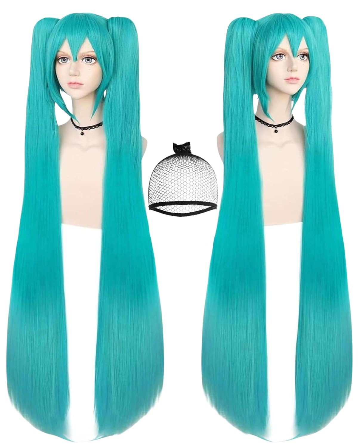 Long Green Ponytails Wig Teal Double Pigtails Wig Anime Cosplay | Hair Cap+ 48In