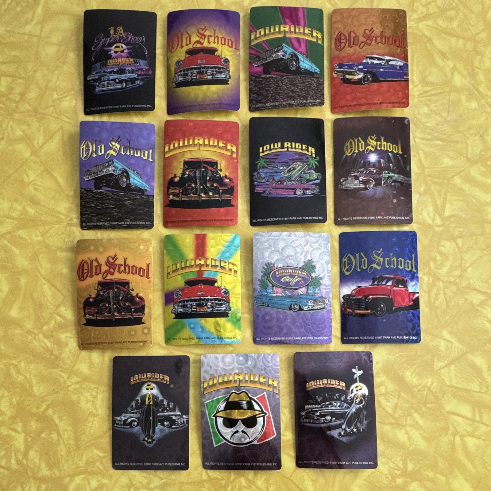 VTG 1997 Park Ave Lowrider Full Set 15 Prism Stickers Incl. 2RARE Zootsuit New VTG 1997 Park Ave Lowrider Full Set 15 Prism Stickers Incl. 2RARE Zootsuit New