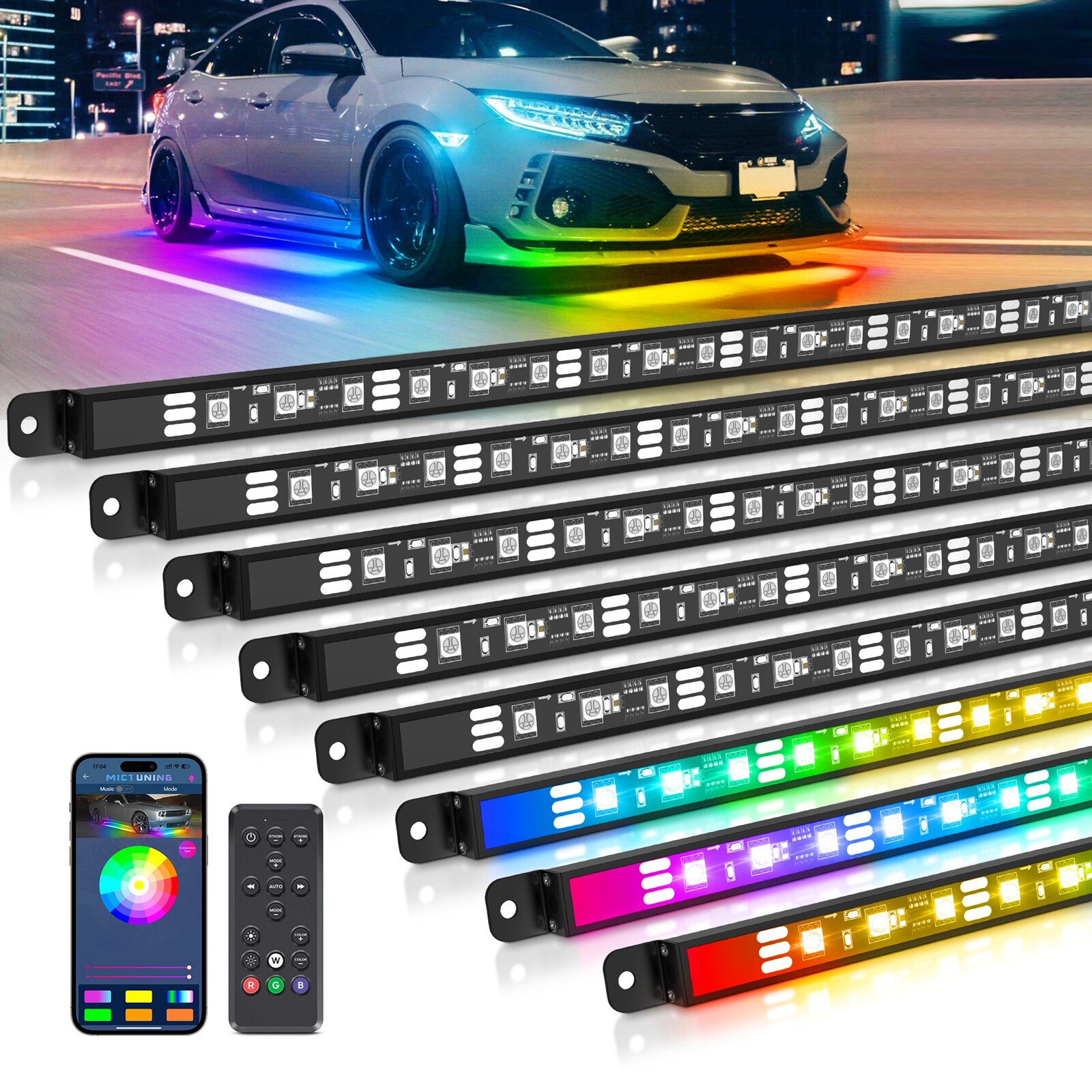 MICTUNING 8PCS RGB Underglow LED Light Bar, Multicolor Underbody Light Strip