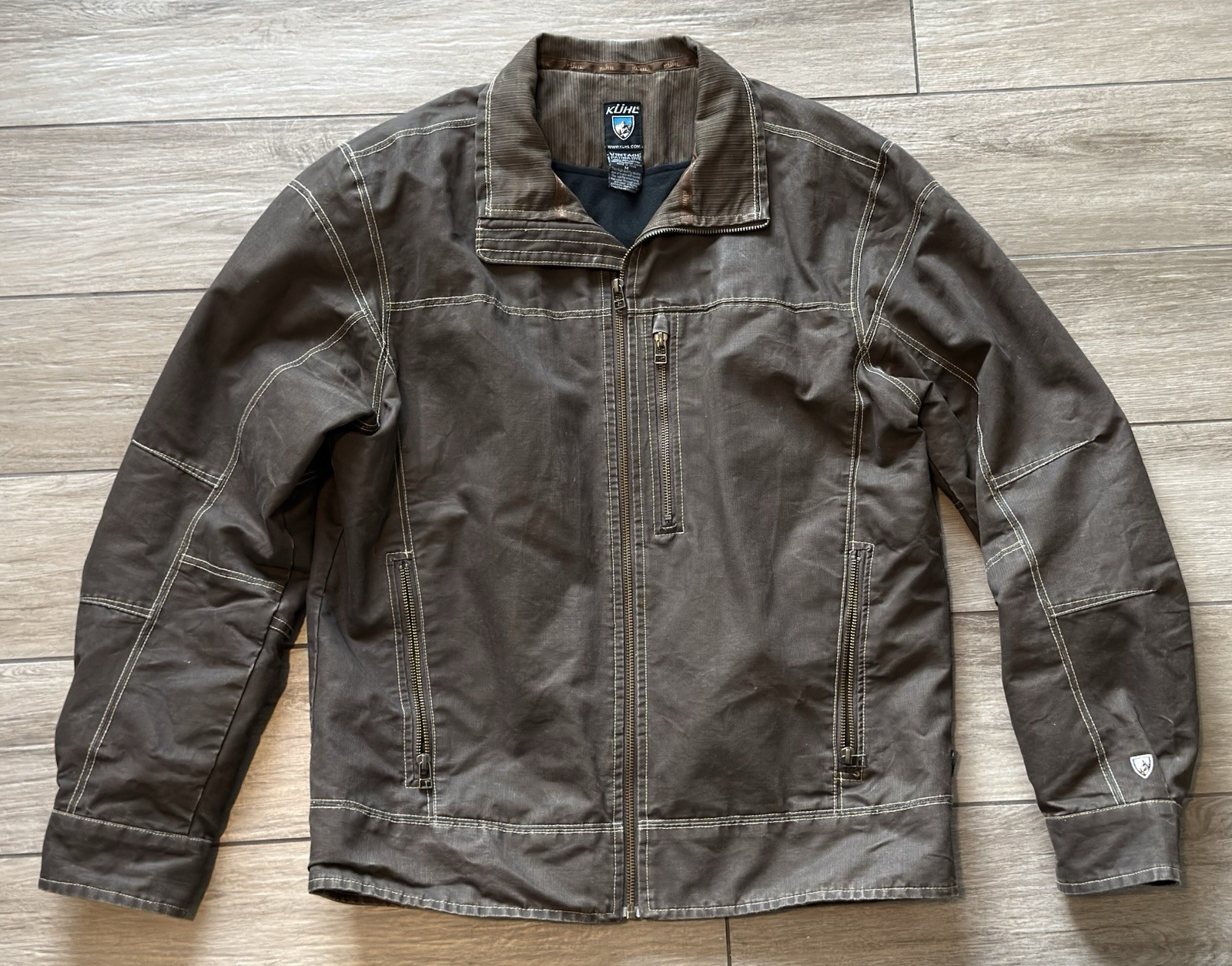 Kuhl Burr Jacket Mens MediumBrown Vintage Patina Dye Canvas Fleece Lined Outdoor