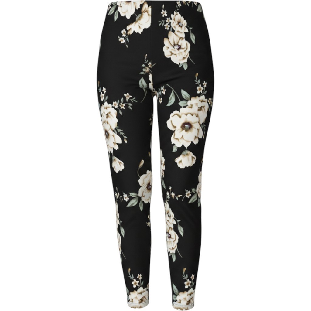 Shein Curve Floral Pants Womens 2XL Black Cream Sage Tapered Leg Pull On Crepe