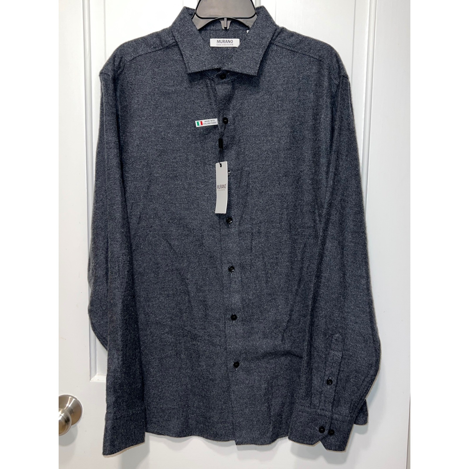 NWT Murano Collezione Mens XL Charcoal Grey Herringbone Italian Cotton Shirt