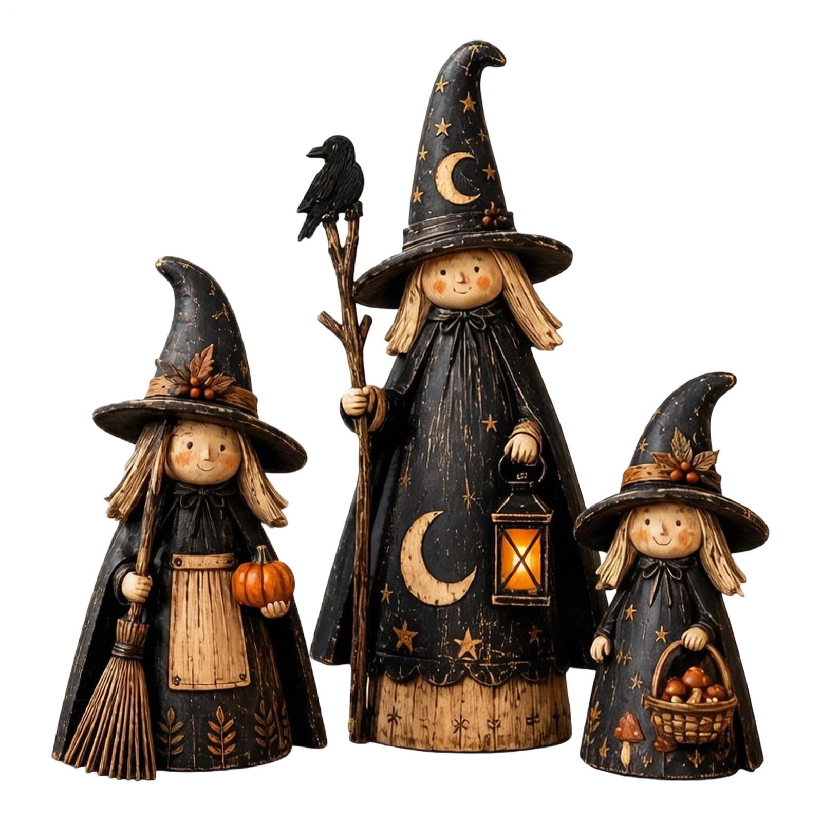 3Pcs Vintage Witch Wooden Statue Set Halloween Farmhouse Witch Figurine Decor