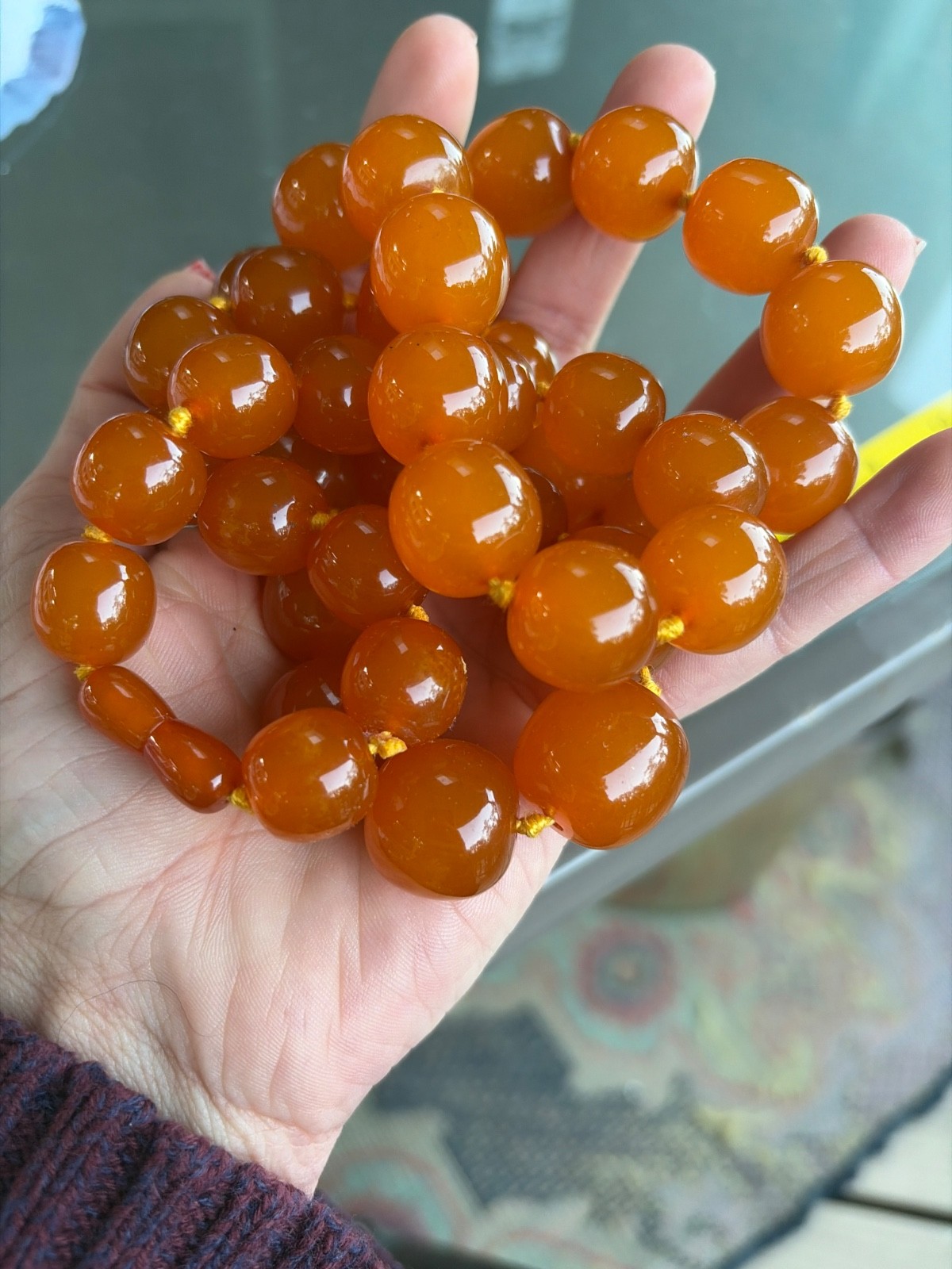 Vintage Pressed Amber Necklace 140g 34” Large Graduated Beads Screw Clasp