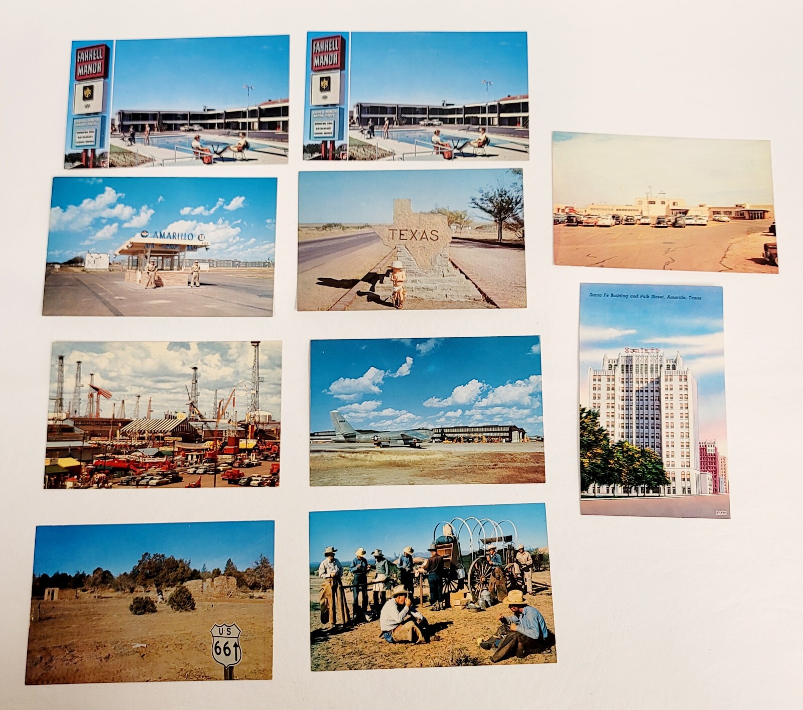 10 Vintage Postcards Texas TX Multi Scenes Amarillo AFB Oil Expo Cowboys Wagon