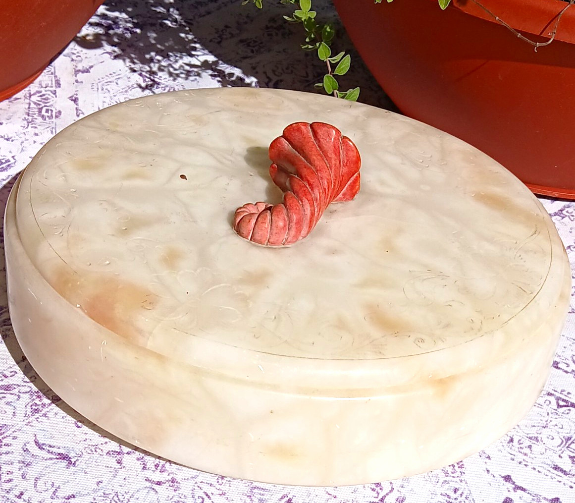 Very large Antique Italian Alabaster footed round box with lid Very large Antique Italian Alabaster footed round box with lid