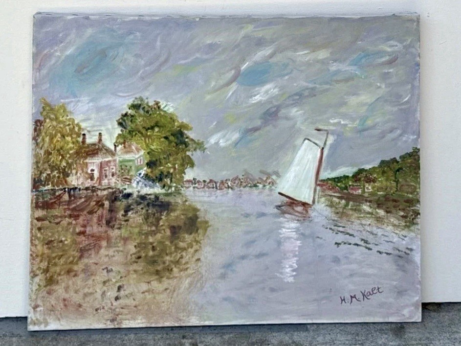 Signed H.M. Kalt Original Oil Painting Sailboat River Landscape 20x24